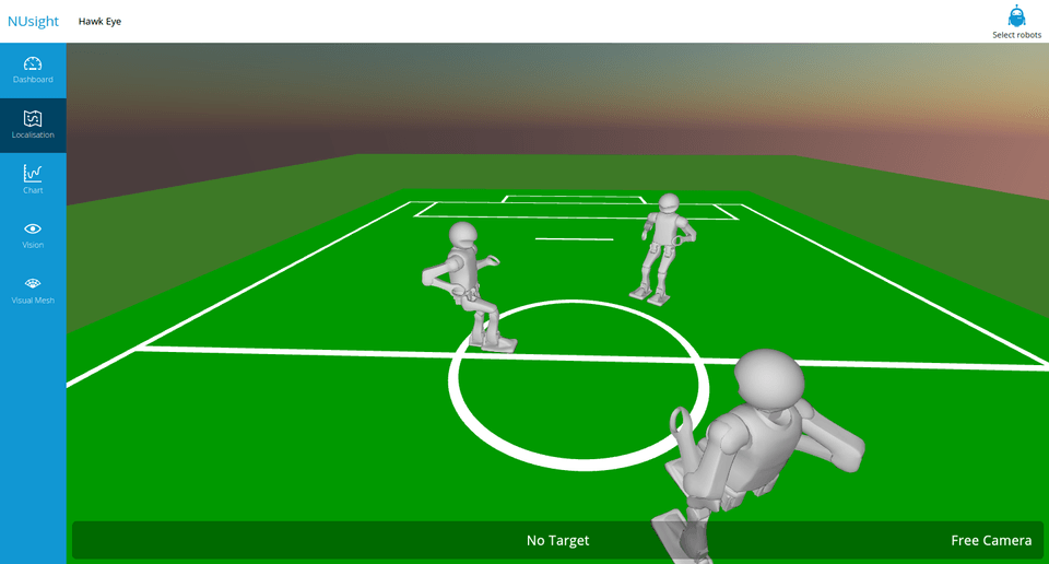 Localisation tab. Shows a 3D scene with a soccer field and NUgus robots.