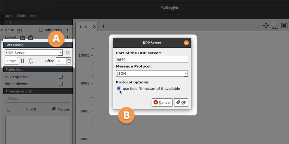 Screenshot of PlotJuggler showing UDP server details