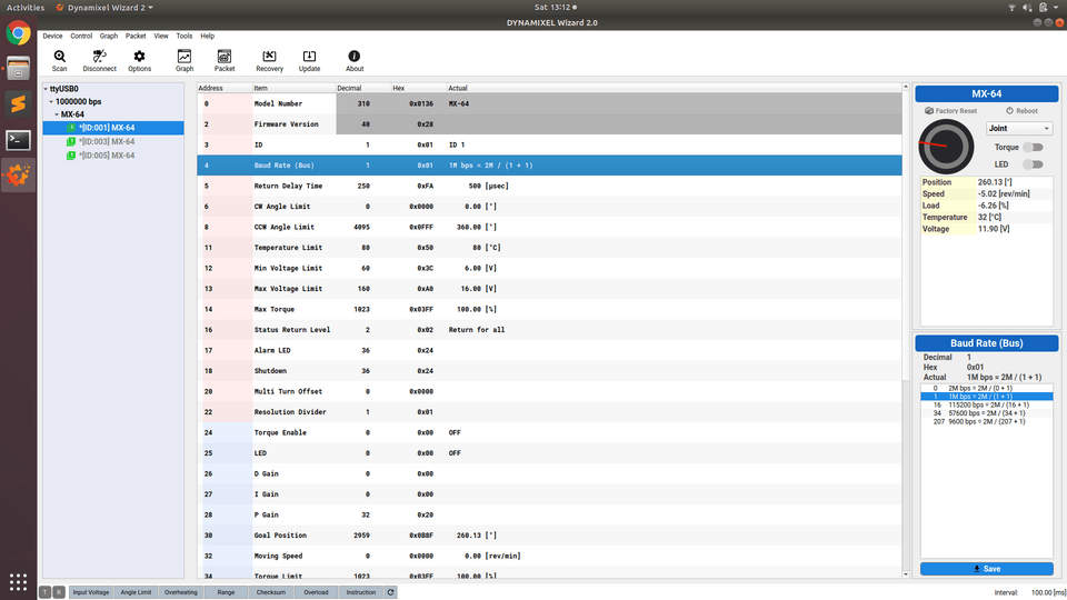 Screenshot of Dynamixel Wizard Baud Rate selection with 1M bps selected